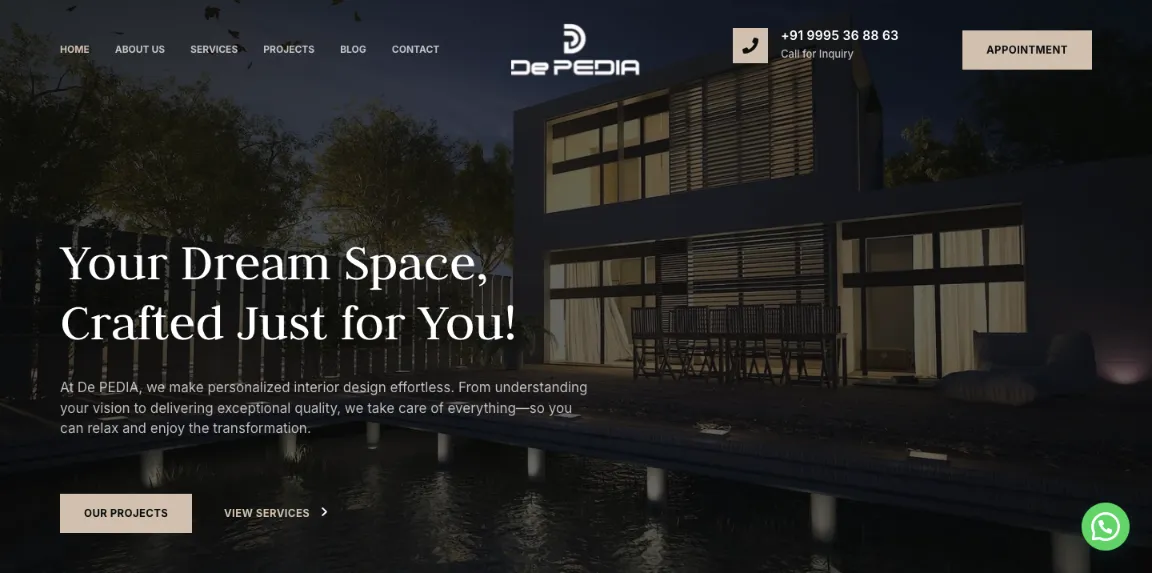 Depedia Interiors website homepage designed by Nikhil Soman, freelance WordPress developer in Trivandrum and Kochi.