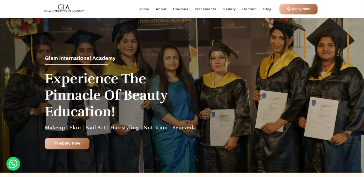 Glam International Academy website homepage designed by Nikhil Soman, WordPress developer and SEO expert in Trivandrum and Kochi.