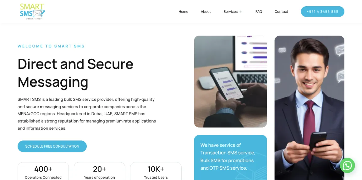 Smart SMS UAE website homepage designed by Nikhil Soman, freelance WordPress developer in Trivandrum and Kochi.