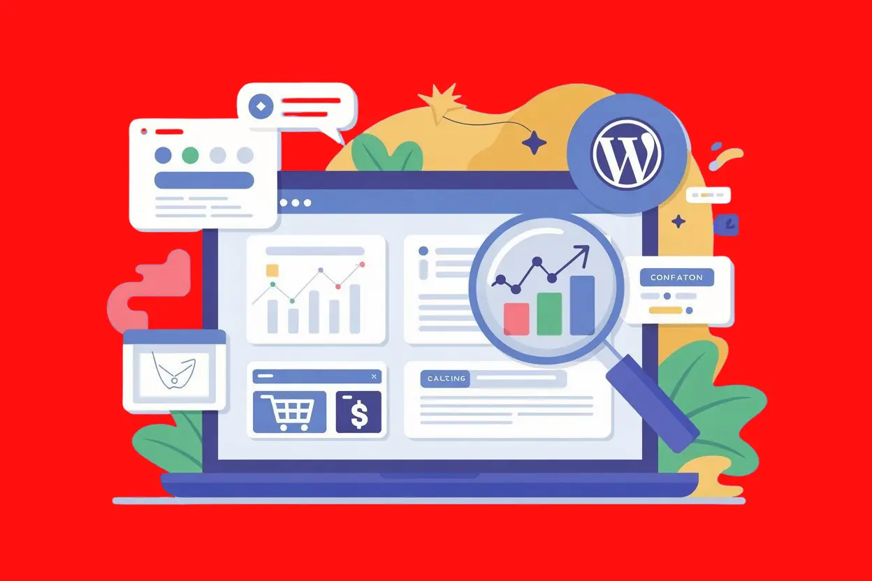 Illustration of a WordPress website dashboard with analytics charts, call-to-action buttons, and sales icons representing hidden conversion tips
