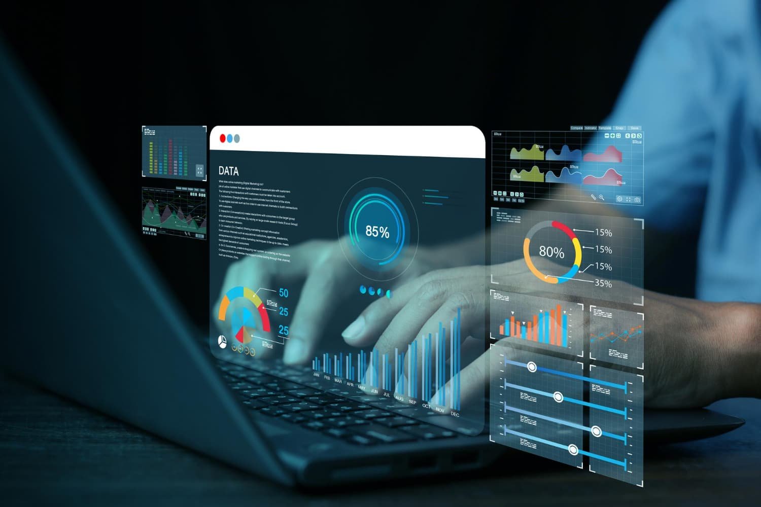 A close-up of hands typing on a laptop with a futuristic digital overlay of data charts, analytics, and progress bars, symbolizing CRM automation.