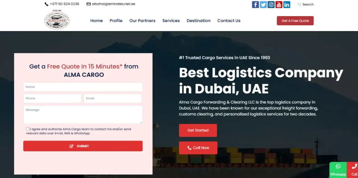 Best Logistics Company in Dubai UAE Services Alma Cargo website designed and developed by Nikhil Soman