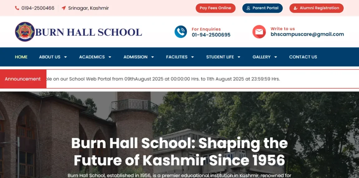 Burnhall School website homepage created by Nikhil Soman, freelance WordPress developer in Trivandrum.
