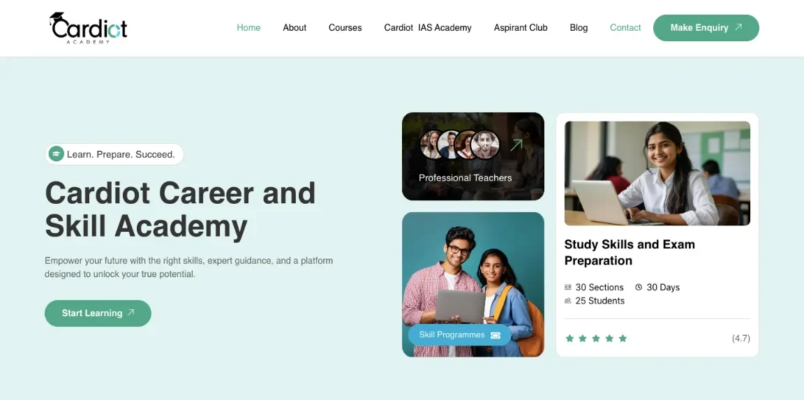 Cardiot Skill Academy website homepage designed by Nikhil Soman, freelance WordPress developer in Trivandrum and Kochi.