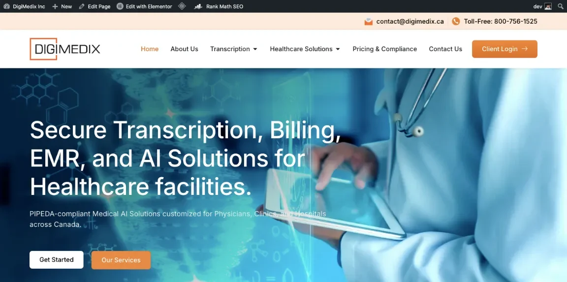 DigiMedix Canada website homepage designed by Nikhil Soman, freelance WordPress developer in Trivandrum and Kochi.