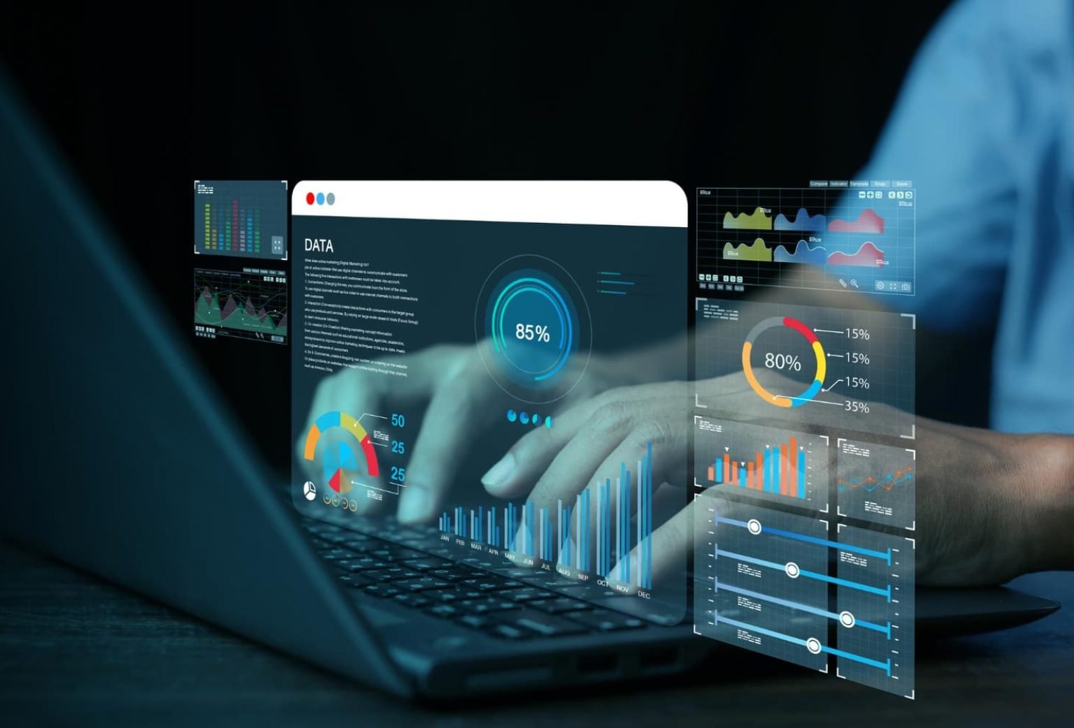 A close-up of hands typing on a laptop with a futuristic digital overlay of data charts, analytics, and progress bars, symbolizing CRM automation.