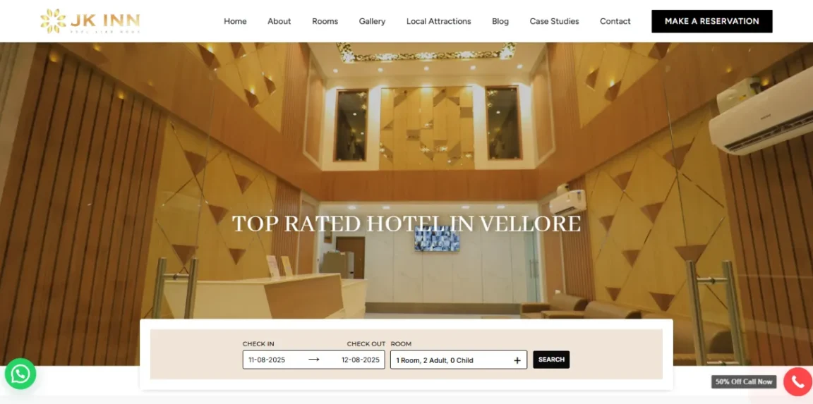 JK Inn Hotels Vellore homepage designed by Nikhil Soman, WordPress developer and SEO expert in Trivandrum and Kochi.