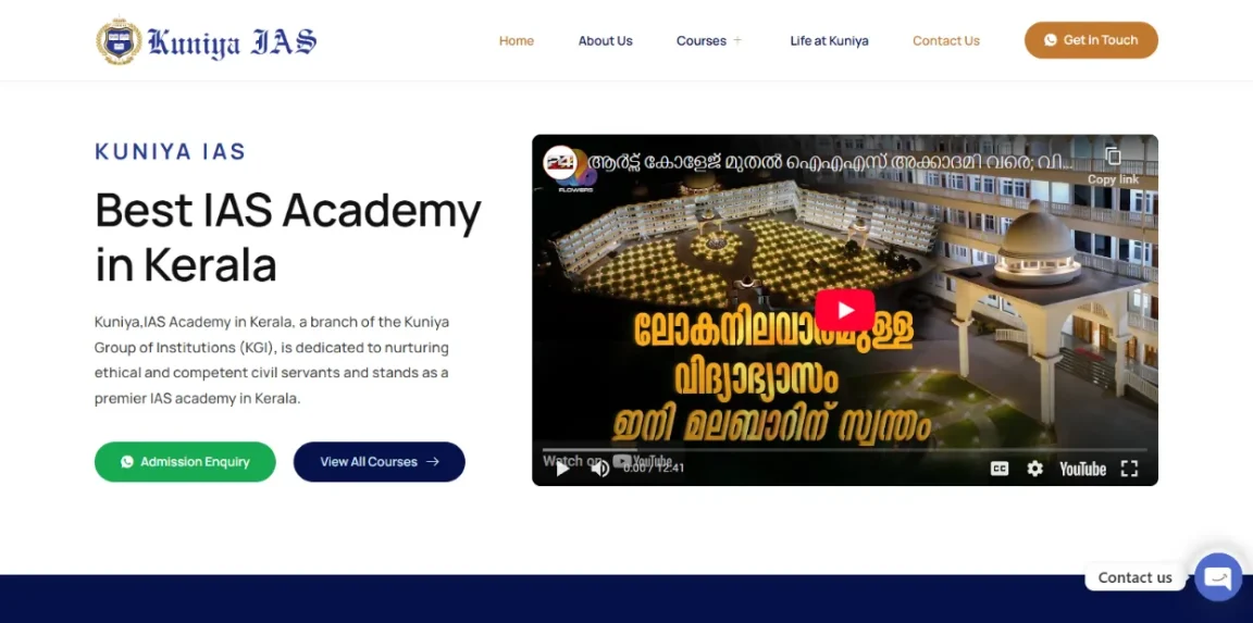 Kuniya IAS examination website homepage created by Nikhil Soman, expert WordPress developer in Trivandrum.