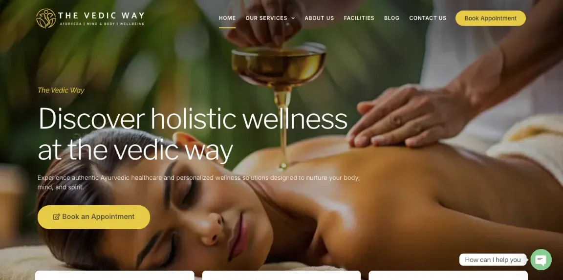 The Vedic Ayurveda website homepage designed by Nikhil Soman, freelance WordPress developer in Trivandrum and Kochi.