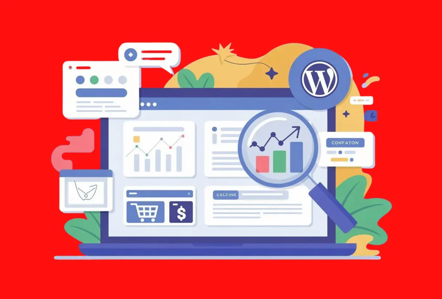 Illustration of a WordPress website dashboard with analytics charts, call-to-action buttons, and sales icons representing hidden conversion tips